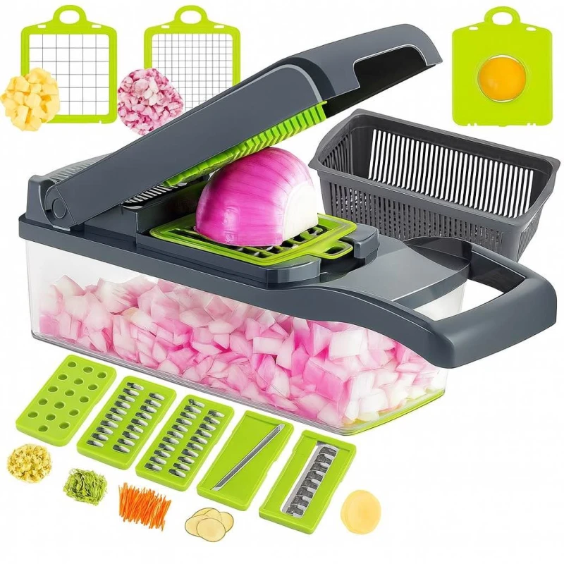 16 in 1 Multifunction Vegetable Cutter with Squre Basket – Portable Chopper, Shredder & Grater for Quick Meal